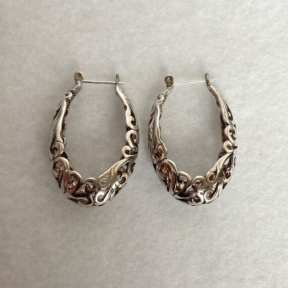 VTG Jezlaine Sterling Silver 925 Pierced Hinged Scrollwork Oval Hoop Earrings - Picture 11 of 16